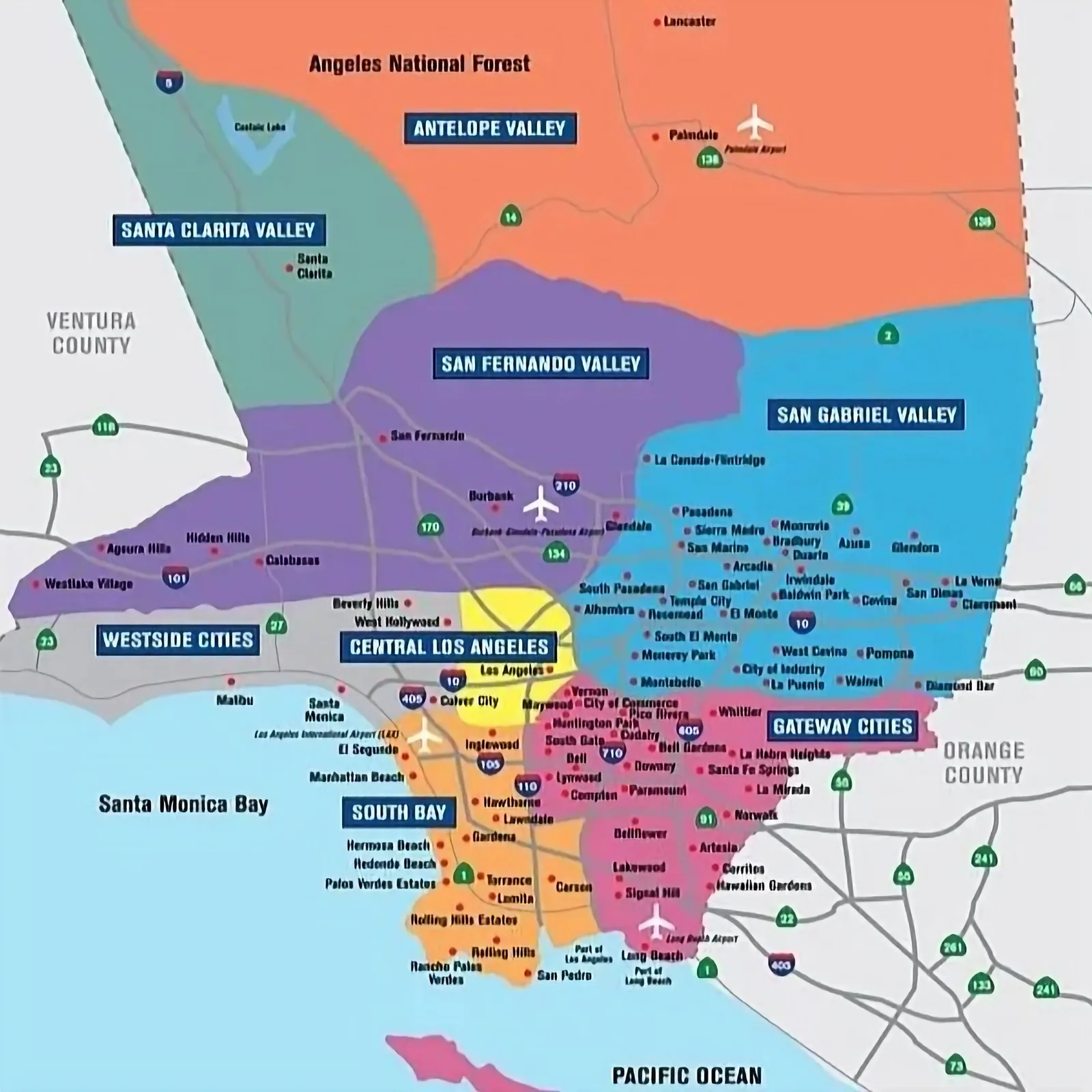 Map of the cities within Los Angeles County grouped by region