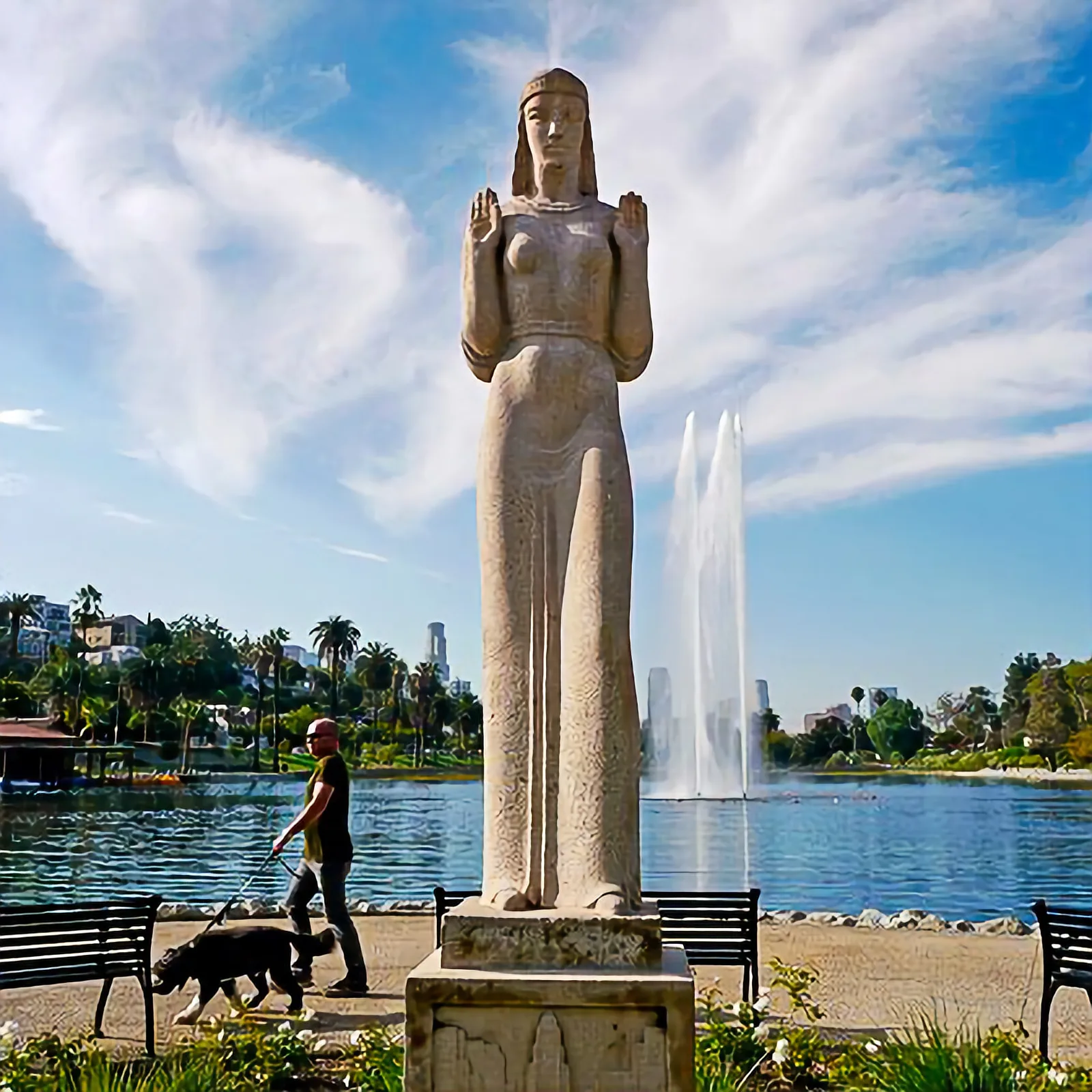 Statue commemorating Los Angeles's original name at Echo Park Lake