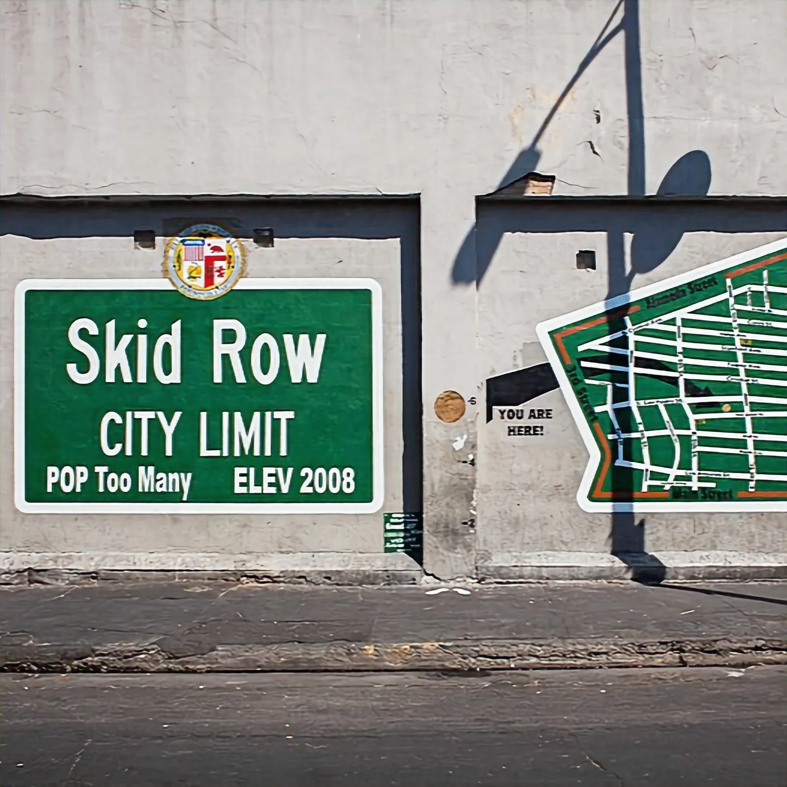 Artistic Skid Row city limit sign in Los Angeles, California