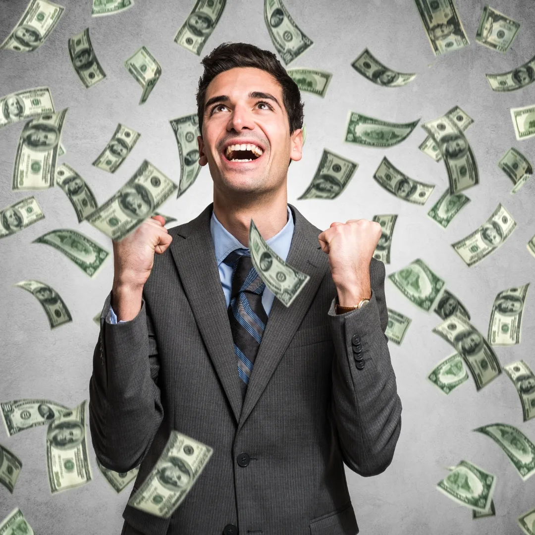 Illustration of money falling around a person in Los Angeles