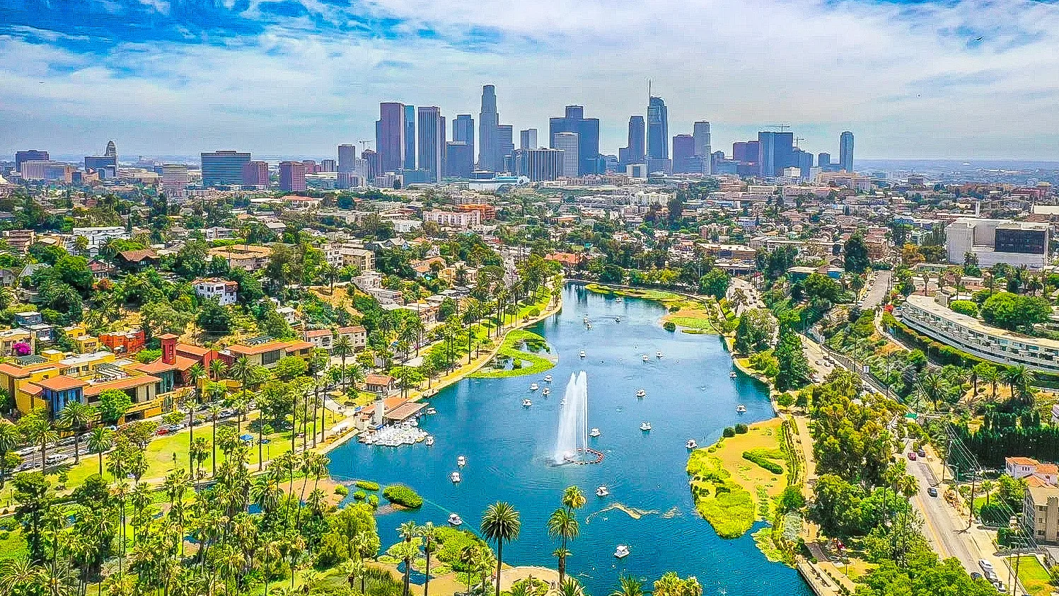 Aerial photo of Los Angeles spanning from Echo Park Lake to the Downtown LA skyline
