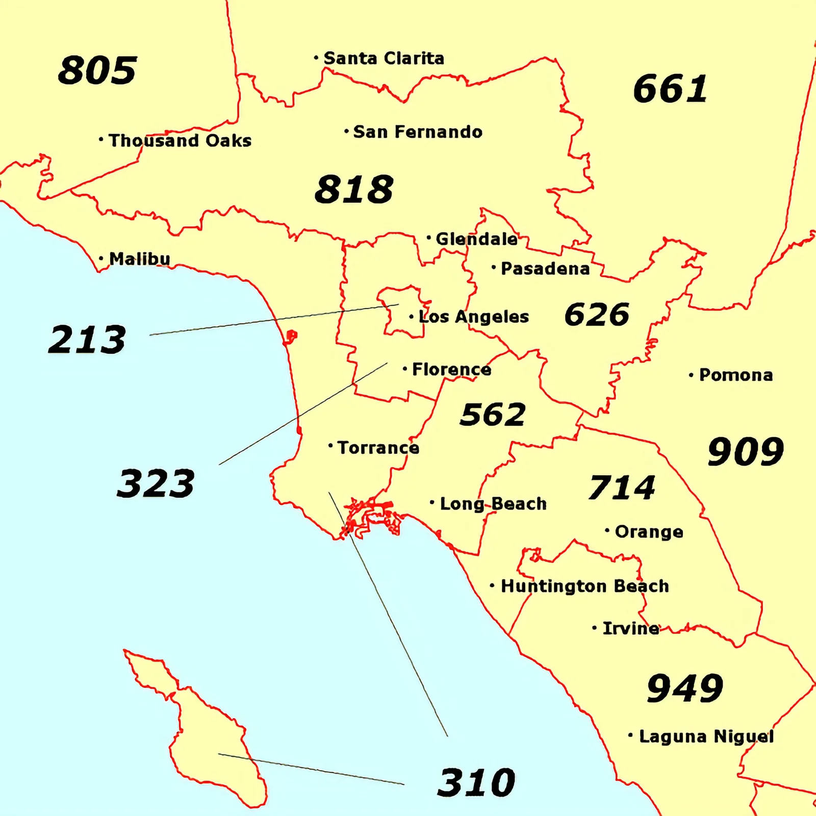 Map of Los Angeles area codes across the city's zones
