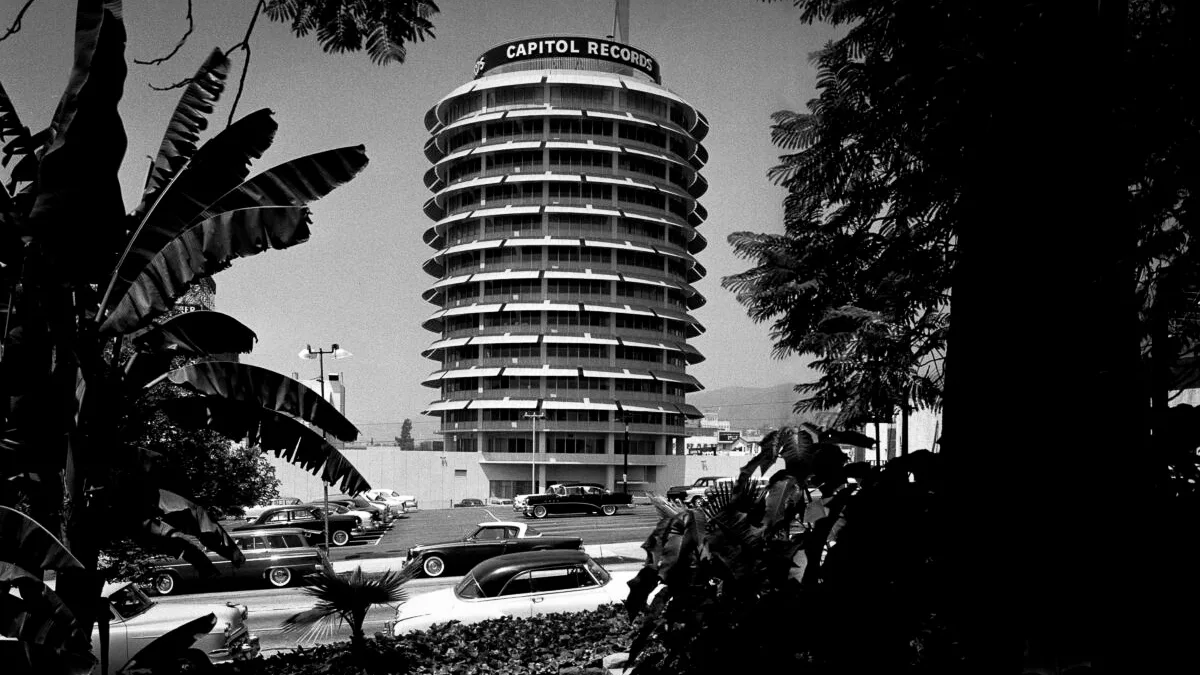 Black and white photograph of the Capitol Records Building, circa 1950s