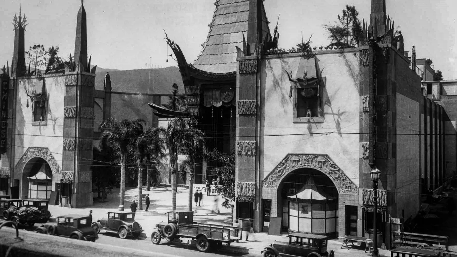 Historic black-and-white photograph of the TCL (Grauman's) Chinese Theatre forecourt