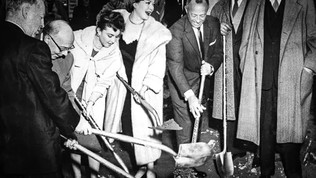 Groundbreaking ceremony for the Hollywood Walk of Fame with shovels in the ground