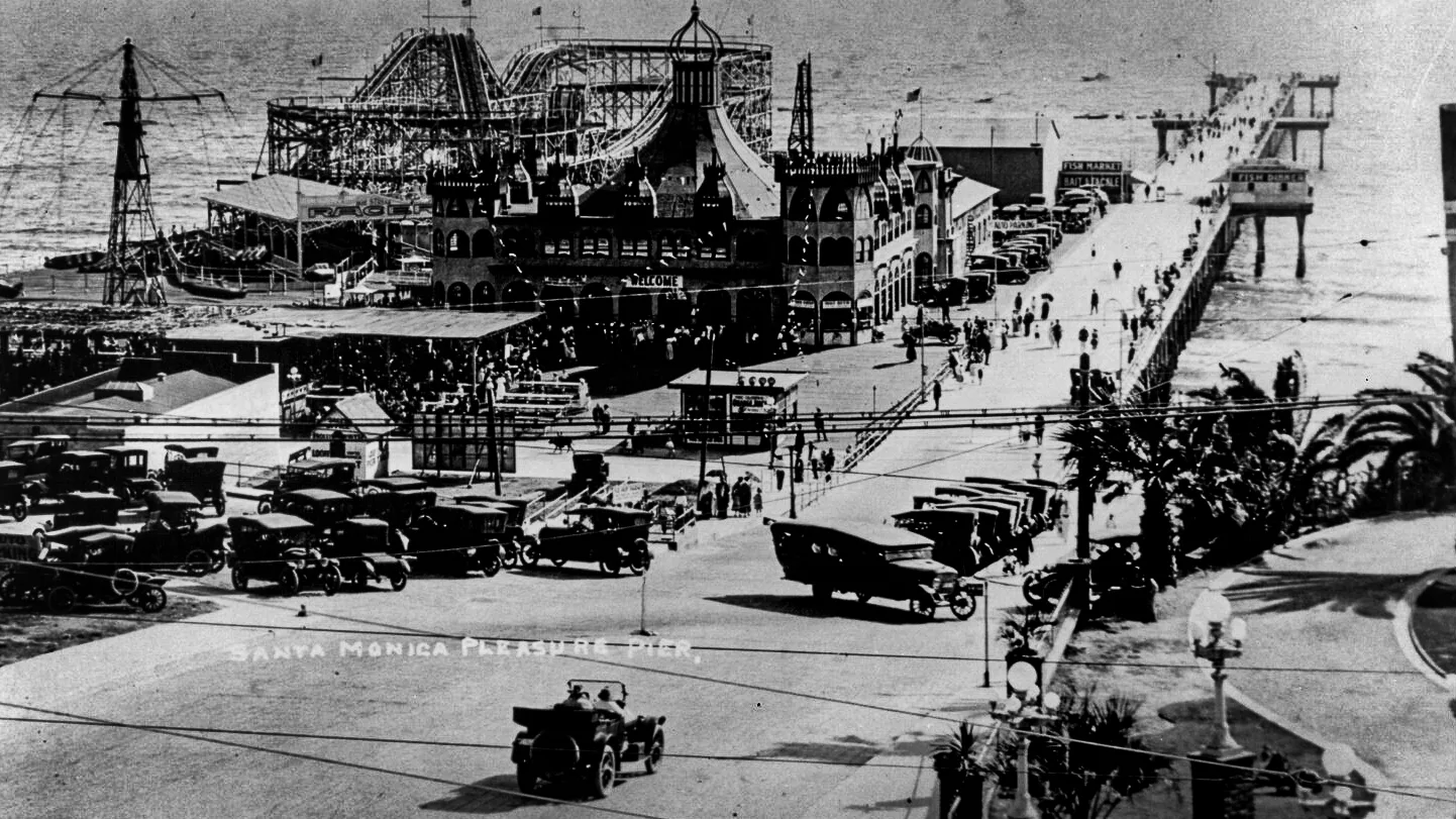 A vintage photograph of the Santa Monica Pier in its early days