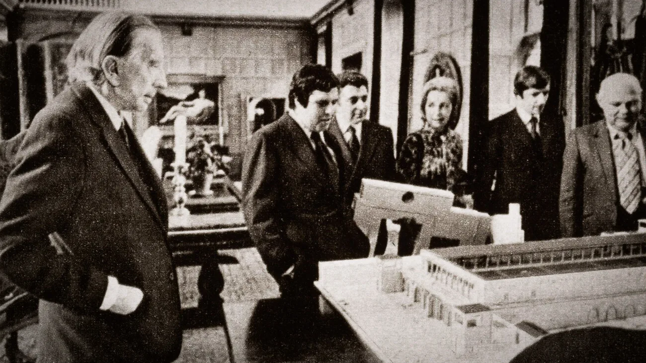 Architectural model of the Getty Center showing its distinctive white travertine
