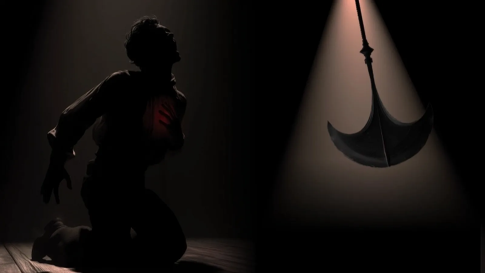 Dark stage scene with a crouching figure lit beside a hanging shape