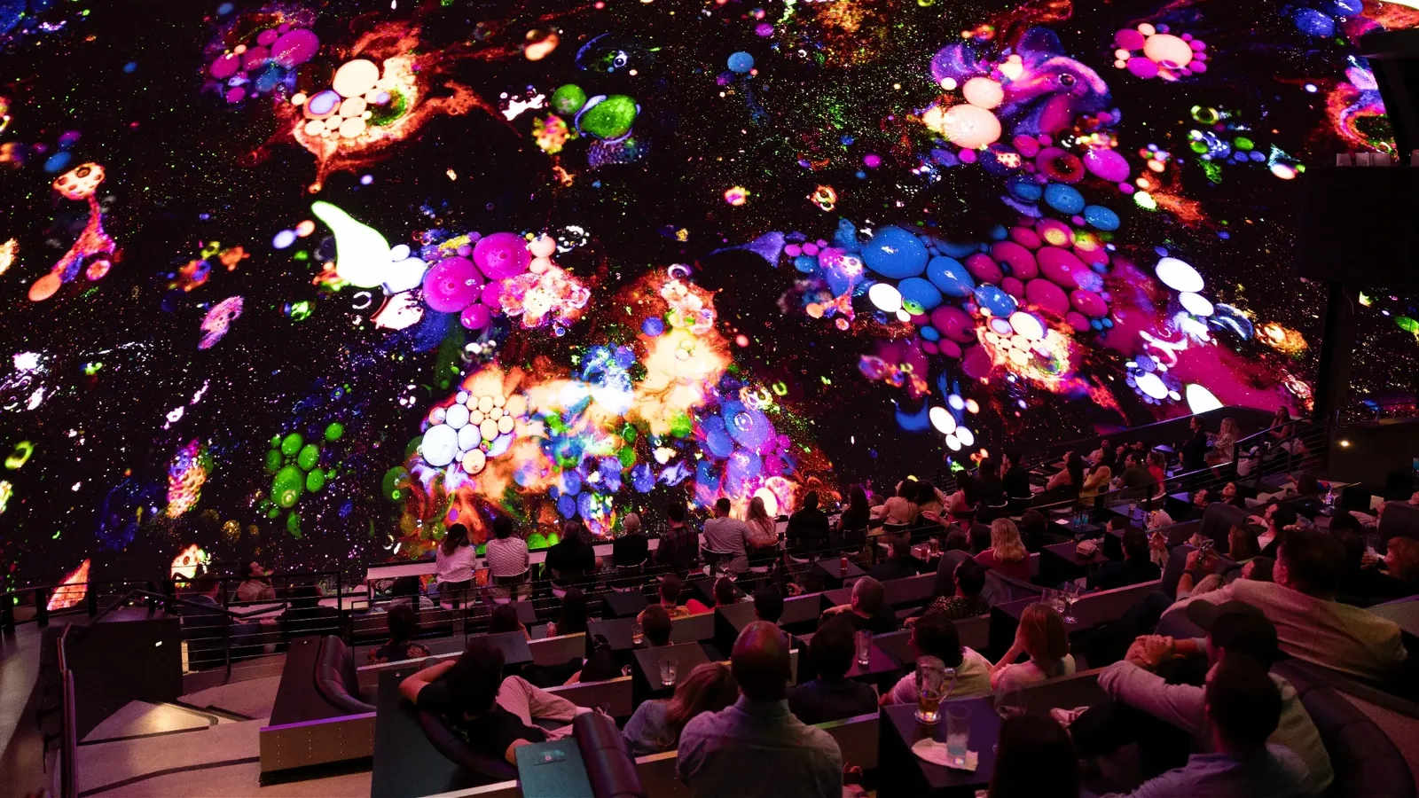 Audience seated beneath a dome filled with swirling pink and blue projections