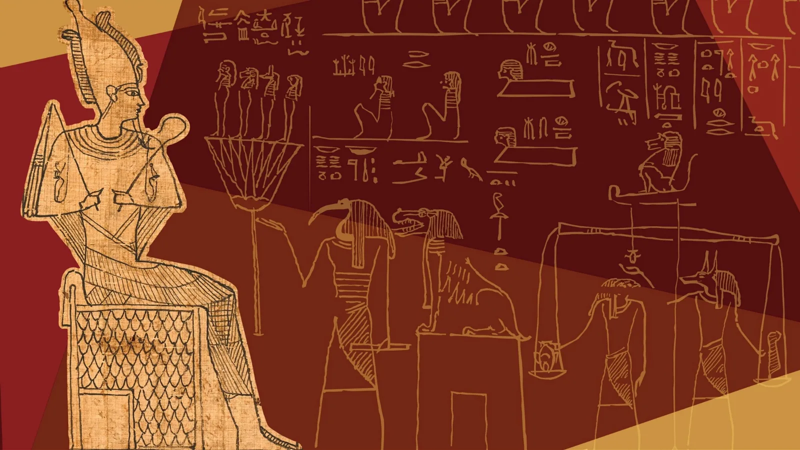 Ancient Egyptian painting of deities and hieroglyphs in ochre and red