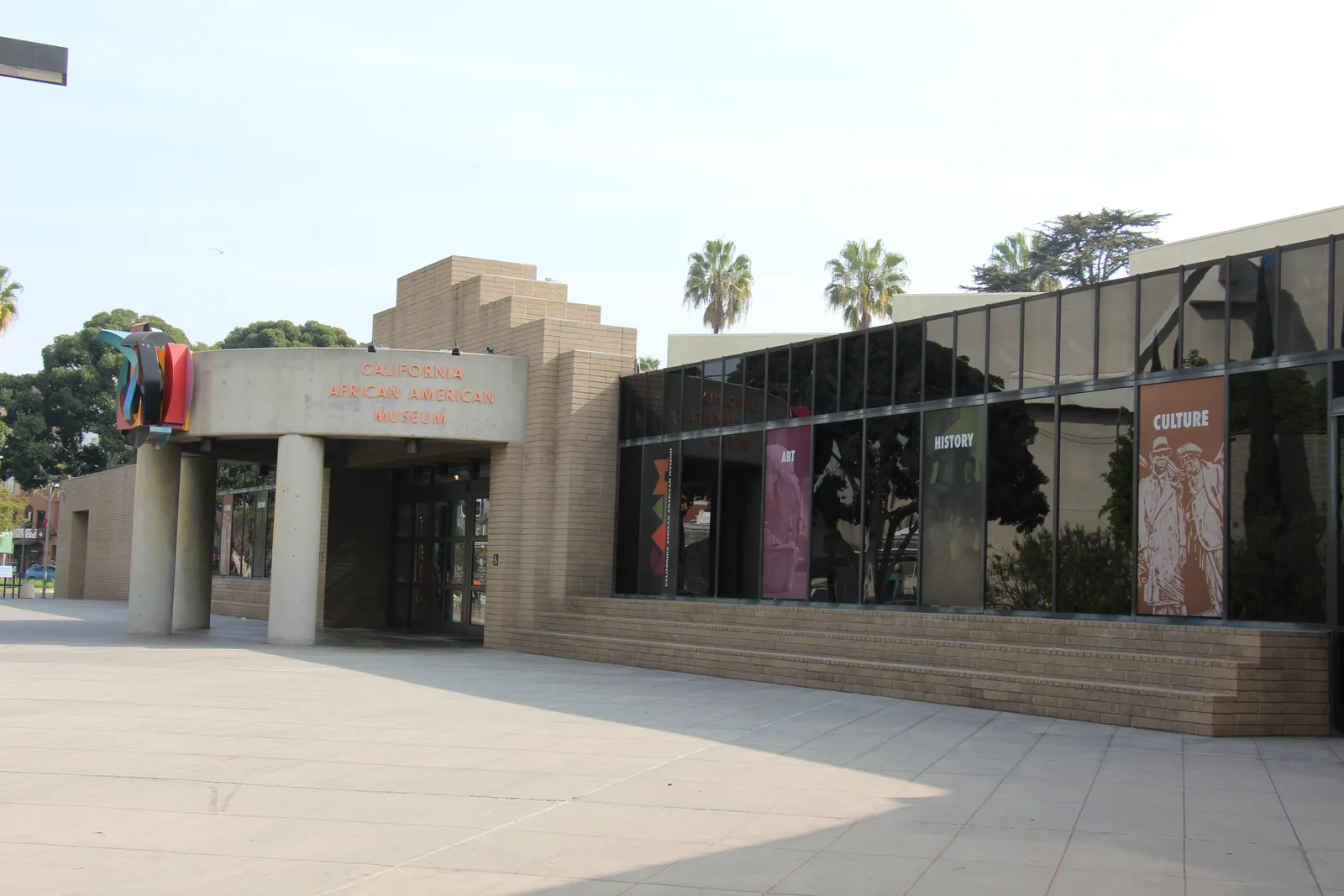 Exterior of the California African American Museum in Exposition Park with the Wishing on a Star sculpture