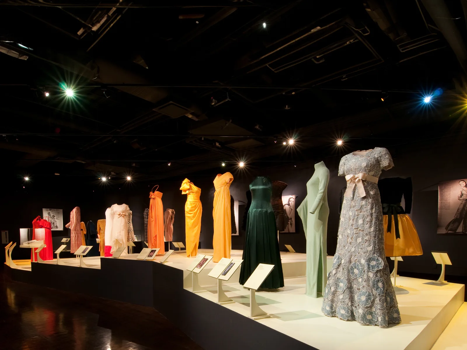 Historic fashion gowns on display inside the ASU FIDM Museum in downtown Los Angeles.