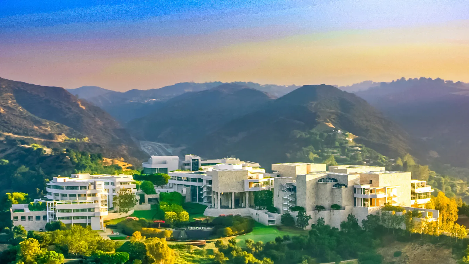 Aerial view of the Getty Center's hilltop campus in Brentwood at sunset.