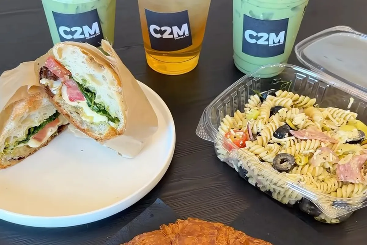 Drinks and a croissant sandwich at C2M Coffee2Me on South Crenshaw