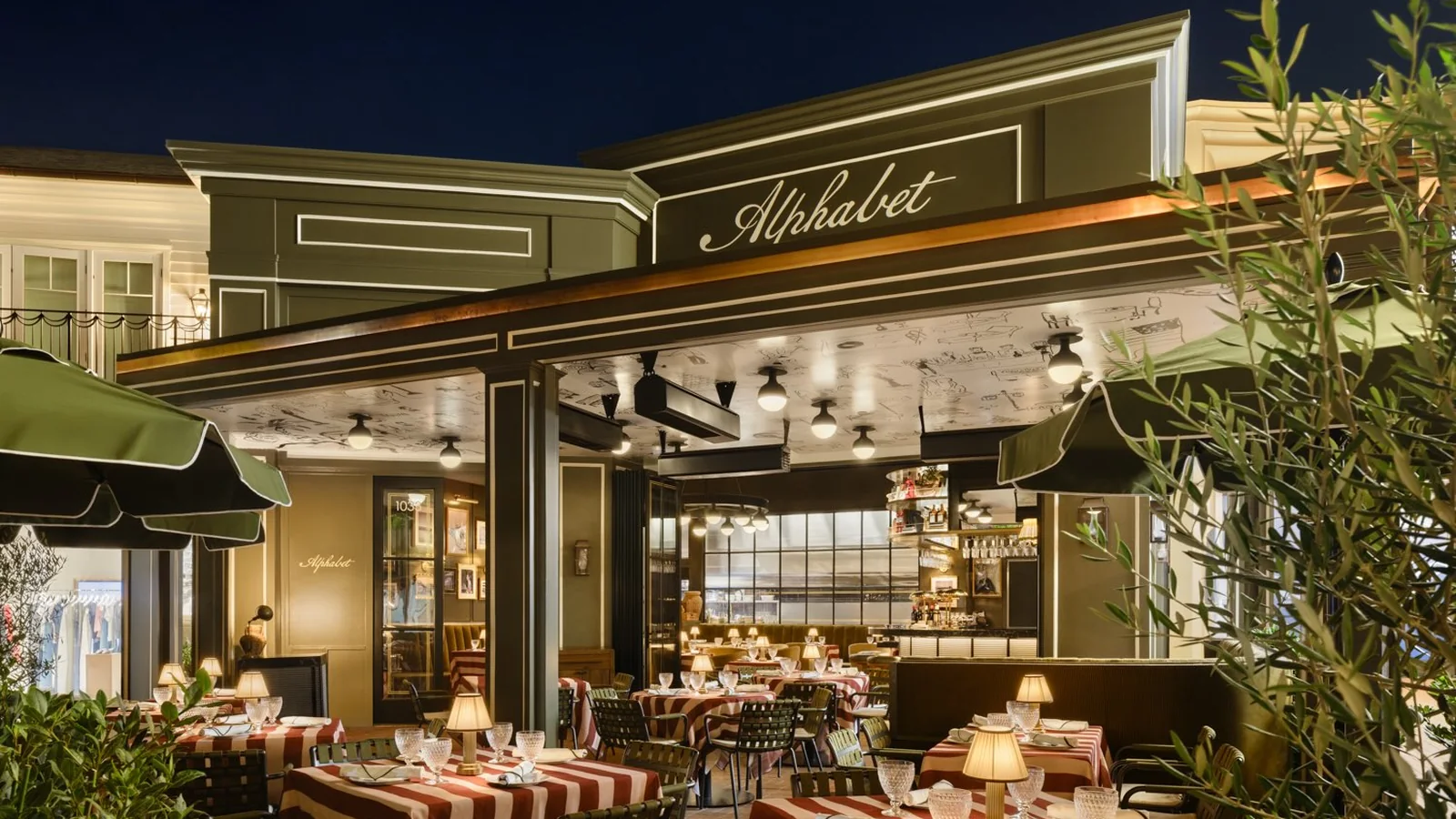 The patio at Alphabet Bar & Grill in the rebuilt Palisades Village, reopened August 15, 2026