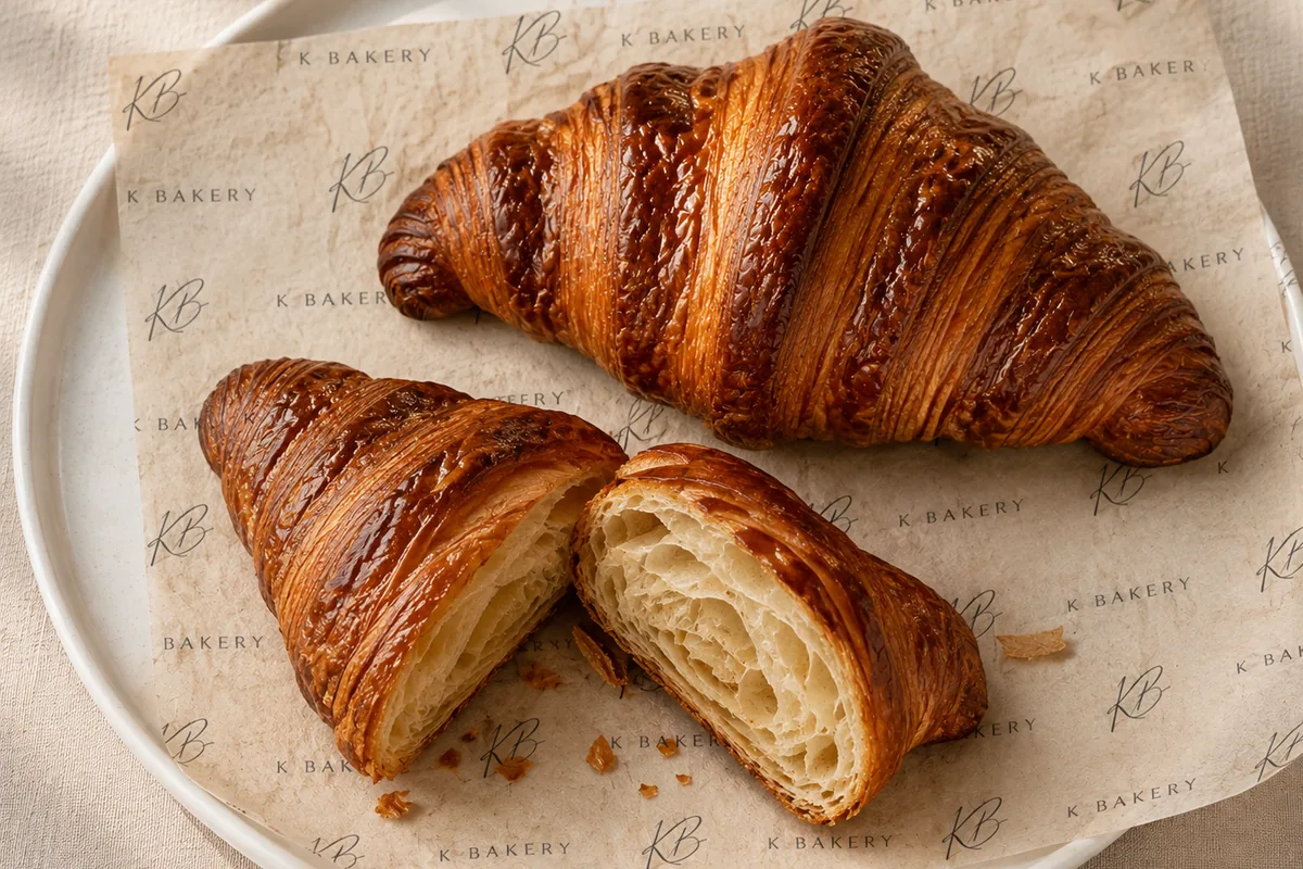 A croissant sliced open at K Bakery, Pacific Palisades