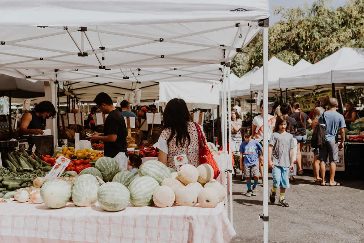 Produce stalls at the Pacific Palisades Farmers Market on Swarthmore Avenue