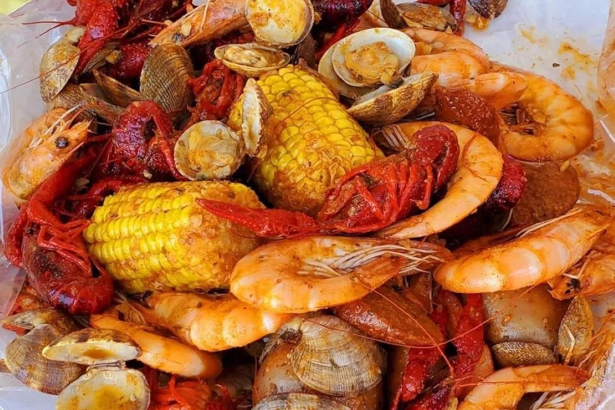 A Cajun boil of shrimp, crawfish, clams and corn at The Kickin' Crab in Koreatown