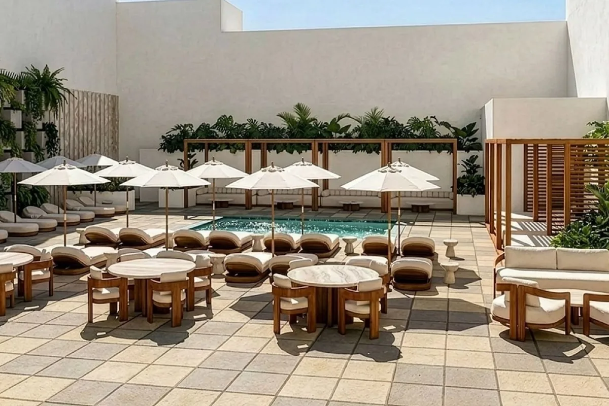 The pool deck at Votana inside the Hotel Clark, downtown Los Angeles