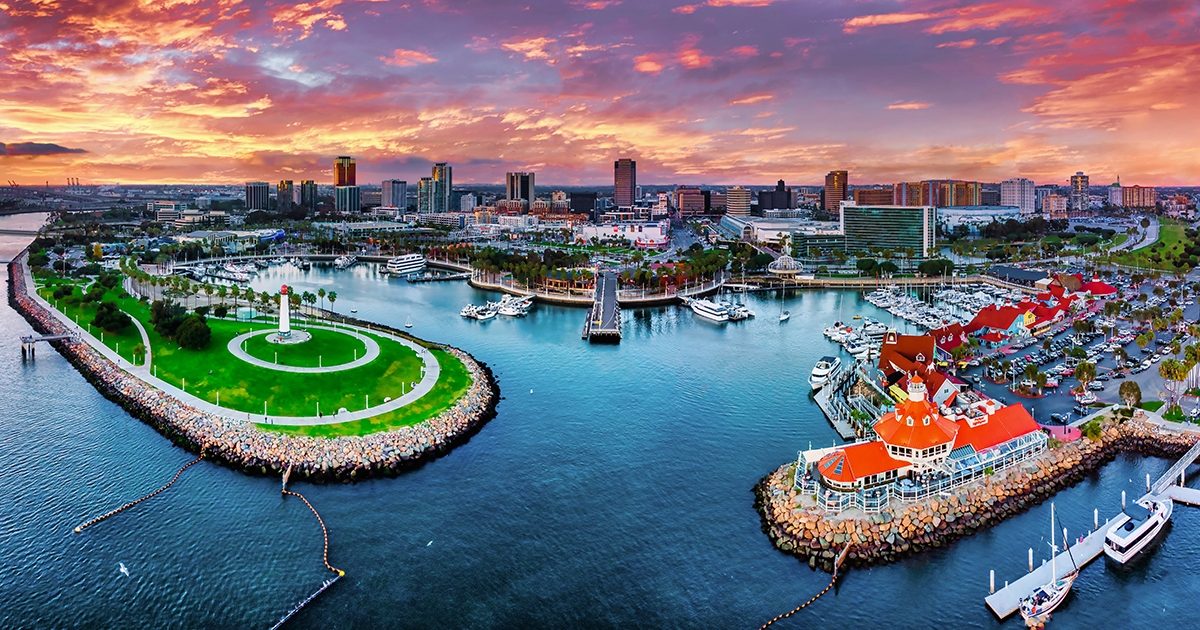 Long Beach waterfront skyline and marina at night