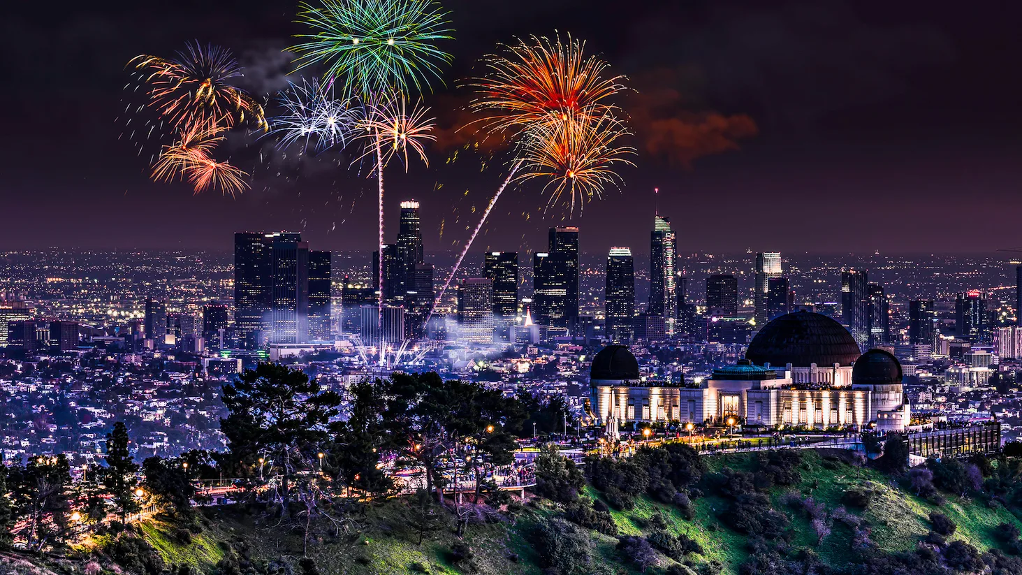 Griffith Observatory grounds overlooking the Los Angeles skyline at night