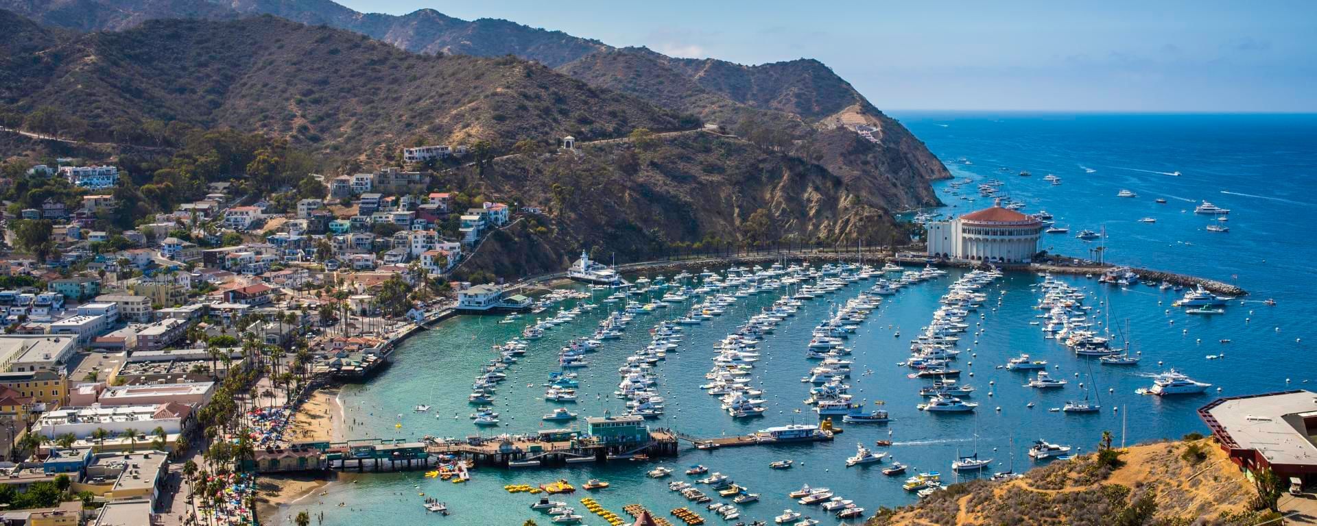 Aerial view of Avalon Bay and the harbor along Crescent Avenue on Catalina Island