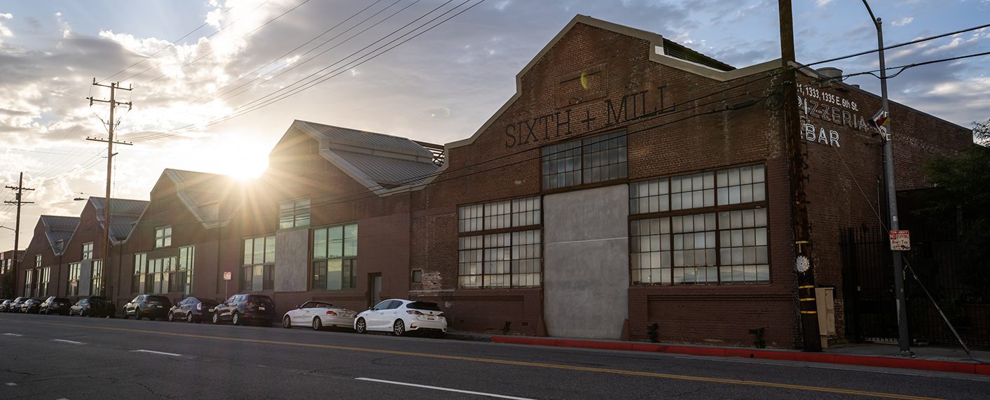 A row of converted brick warehouses in the Arts District of Downtown Los Angeles.