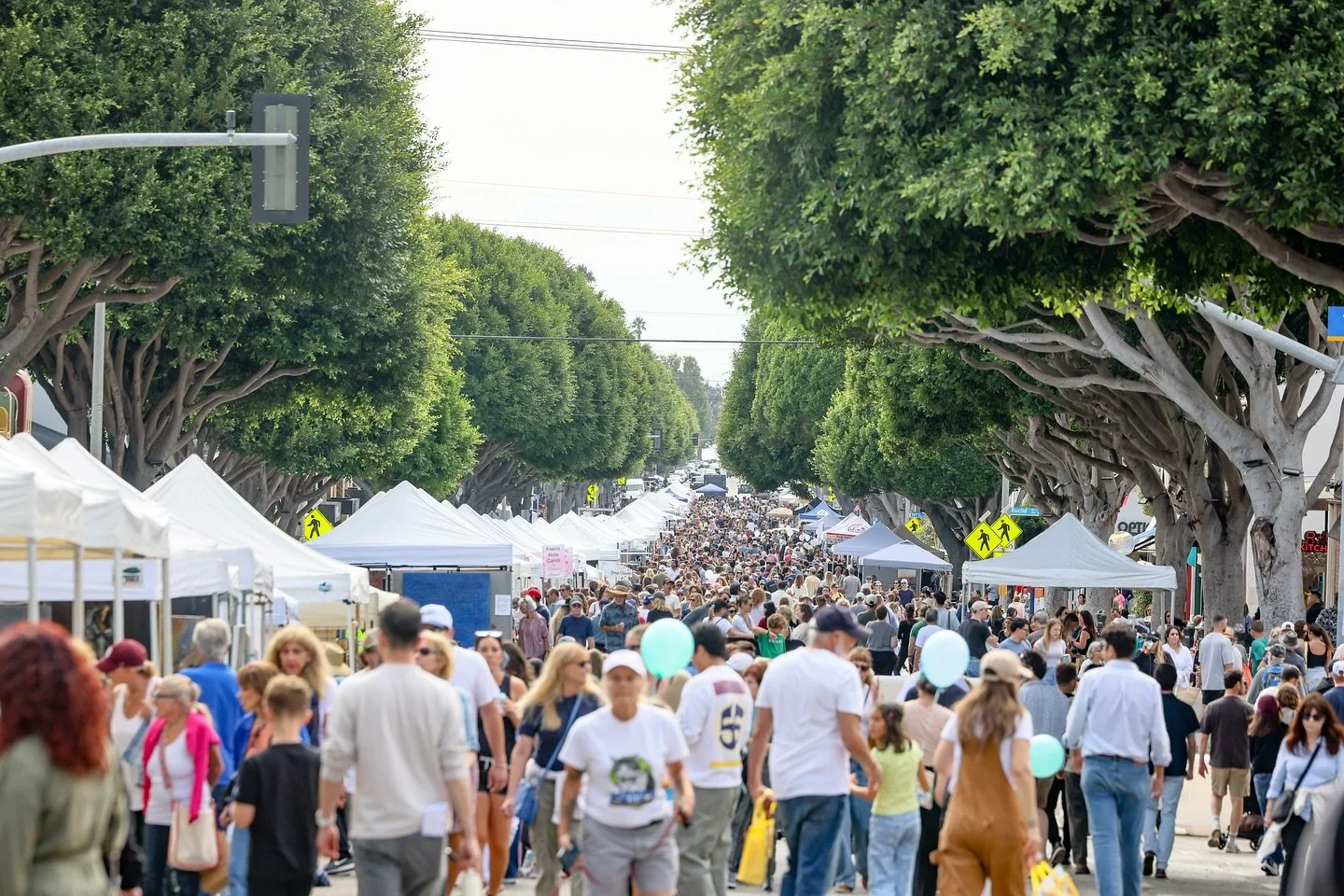 Crowds beneath the ficus tree canopy on Abbot Kinney Boulevard in Venice.