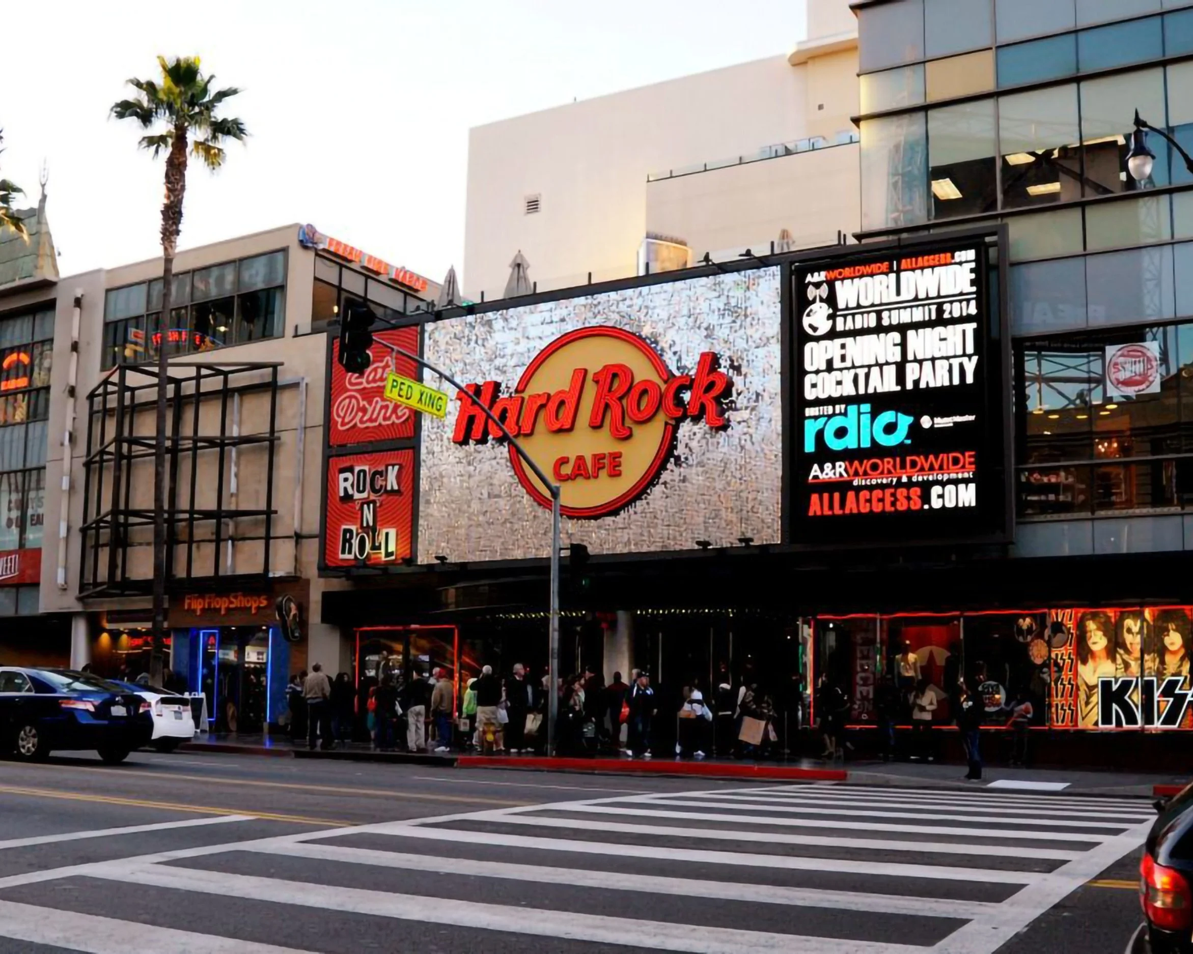 The open-air exterior of Ovation Hollywood shopping center on Hollywood Boulevard in Los Angeles.
