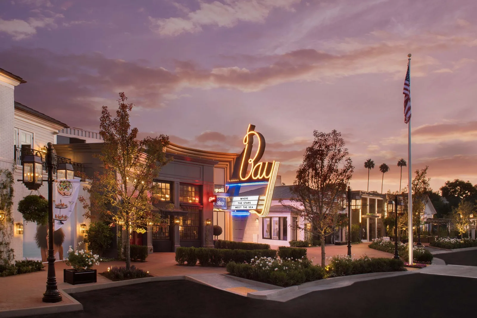 The neon Bay Theatre marquee at Palisades Village in Pacific Palisades.