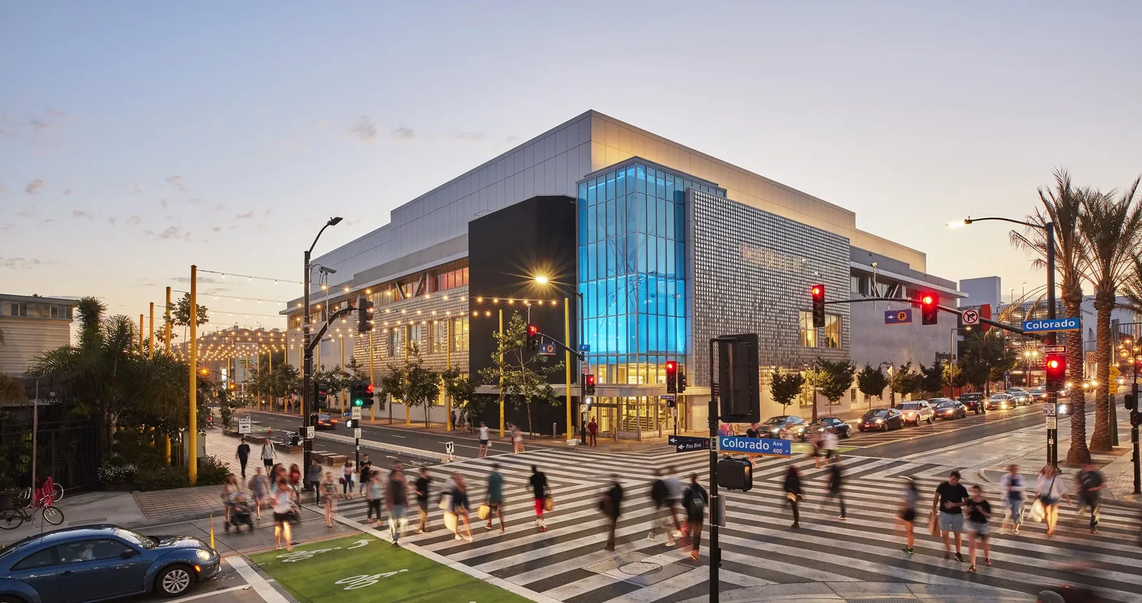 A modern retail building at the Colorado Avenue and Pico Boulevard corner in Santa Monica.