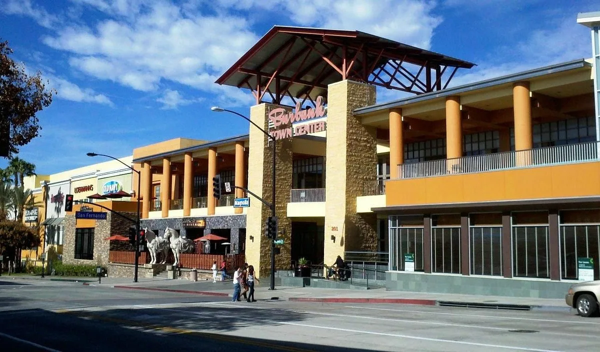 The mall entrance and parking structure from the street