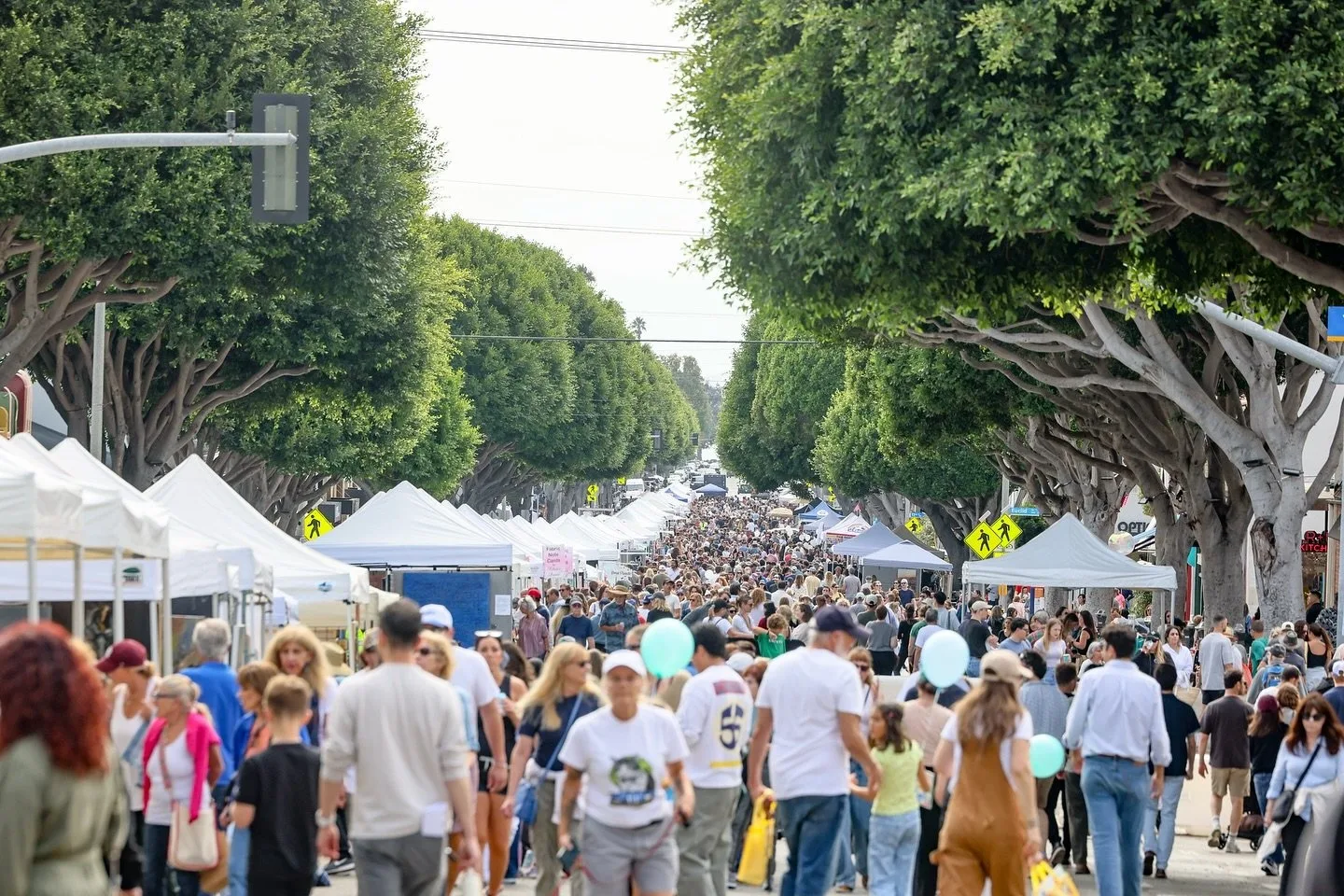 Dense crowd at a street fair under leafy trees with white vendor tents