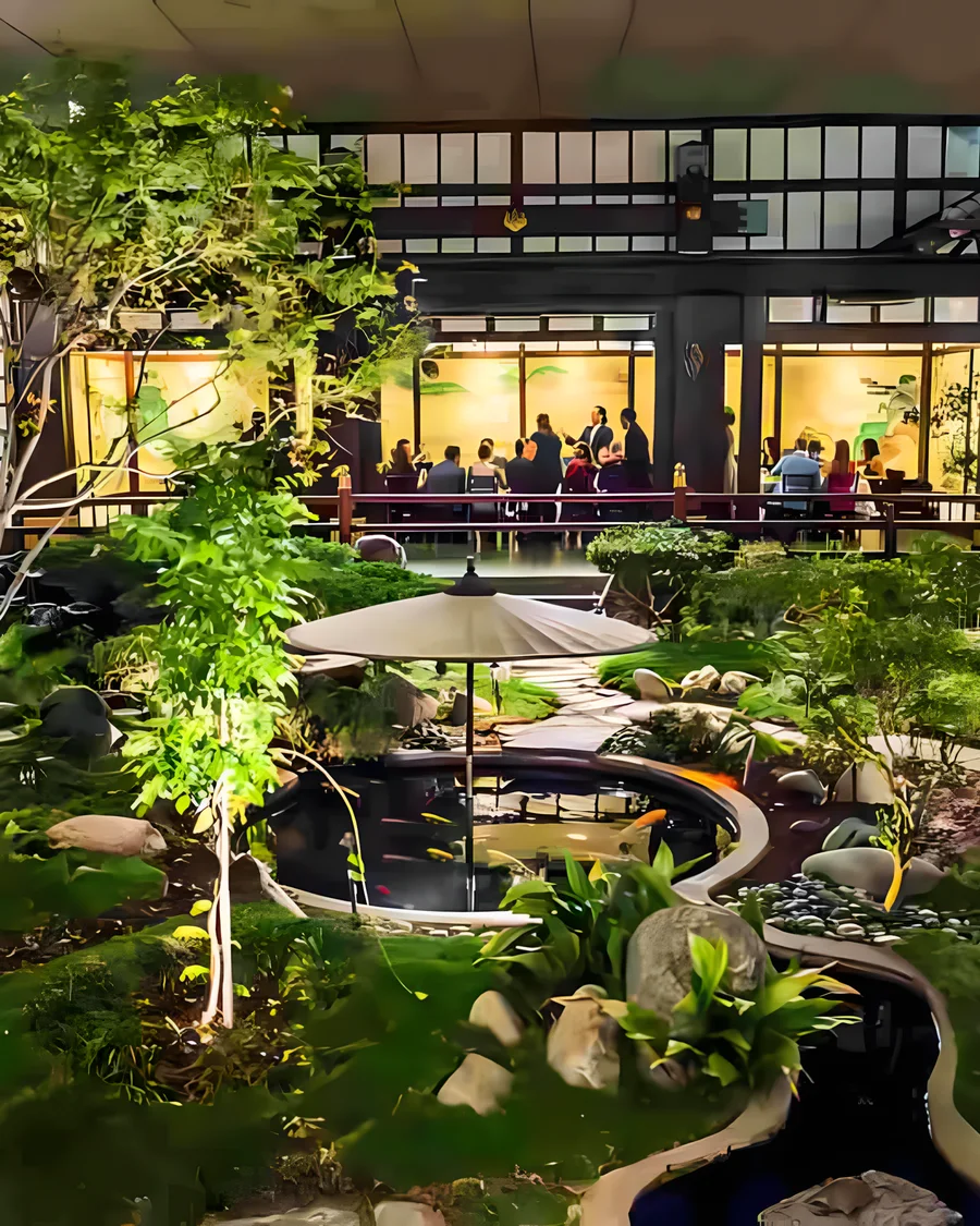 The garden courtyard and koi pond at Yamashiro in Hollywood, lit at dusk