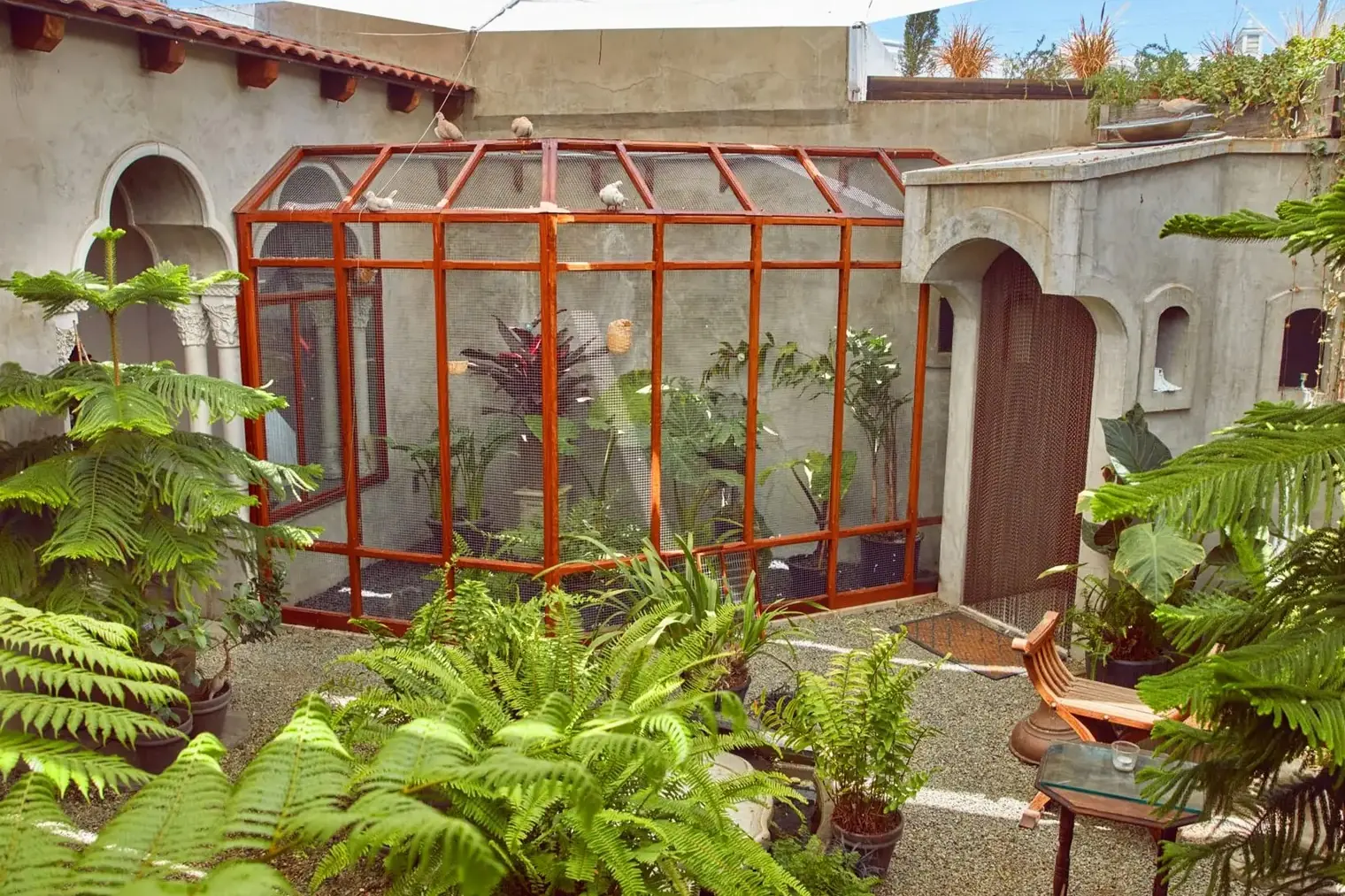 The rooftop tea garden and dove aviary at the Museum of Jurassic Technology in Culver City