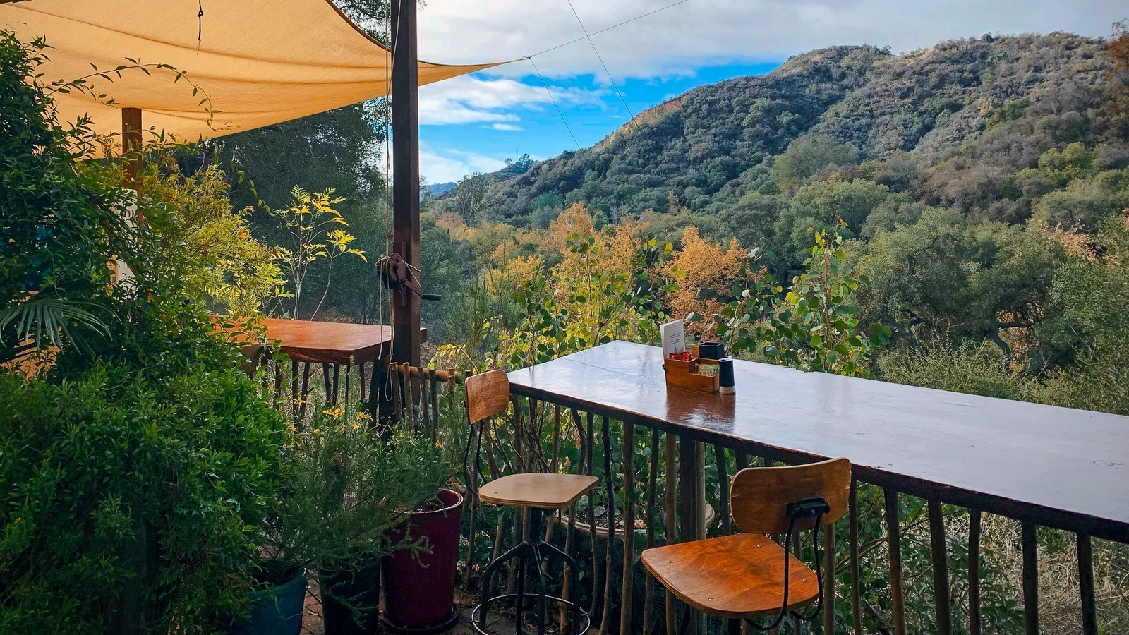 Rustic outdoor seating at Cafe on 27, Topanga Canyon