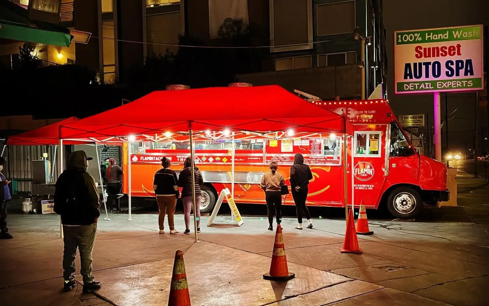 The fiery street-style taco spread at El Flamin Taco, the late-night taco truck on Sunset Blvd in Echo Park