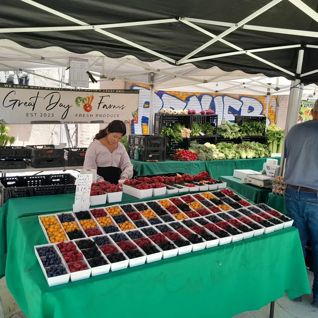 Vendor arranging cartons of berries at a farmers market stall