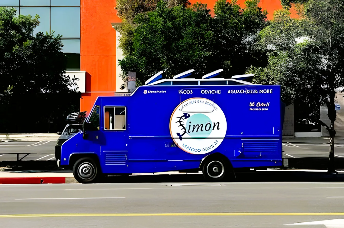 Blue food truck parked at a curb with menu signage