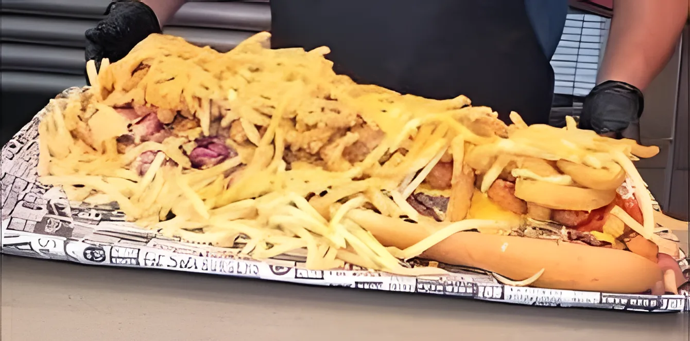 Oversized sandwich buried under a mound of fries on a counter