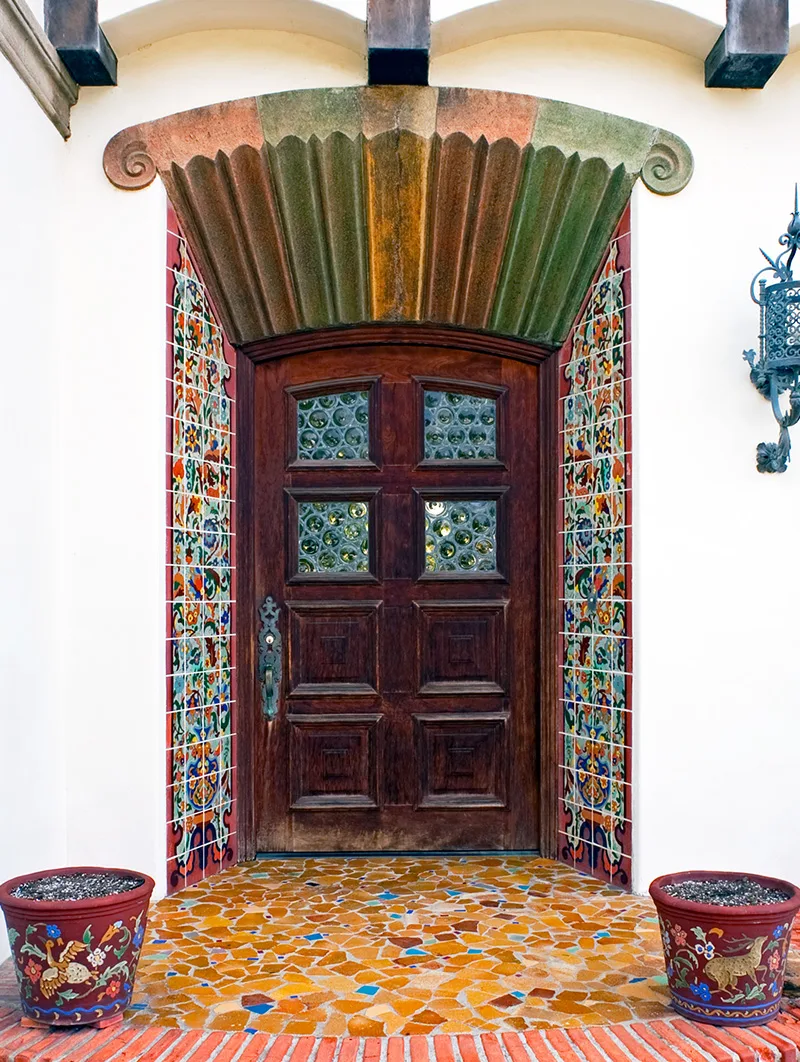 The colorful tiled Spanish Revival doorway of the Adamson House