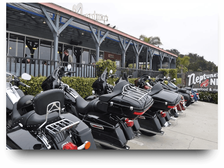 Motorcycles lined up outside the Neptune's Net seafood shack on PCH
