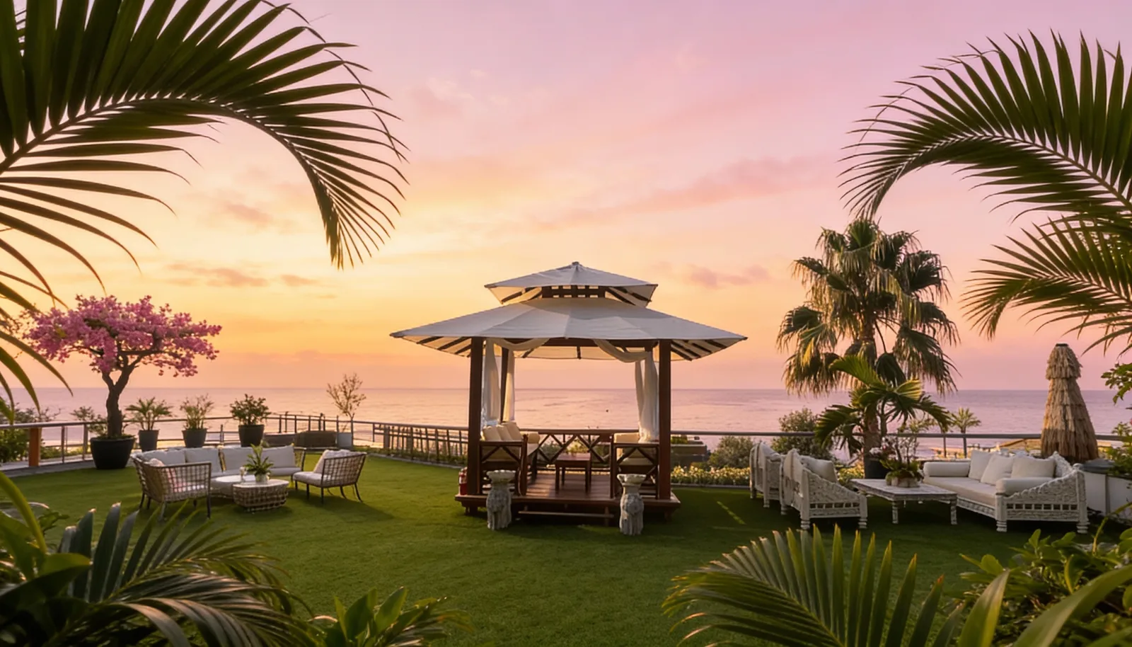 A sunset-lit oceanfront dining patio on Westward Beach