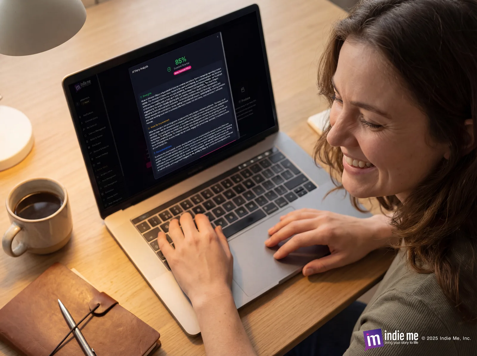 Woman checking IndieMe.ai report on her laptop