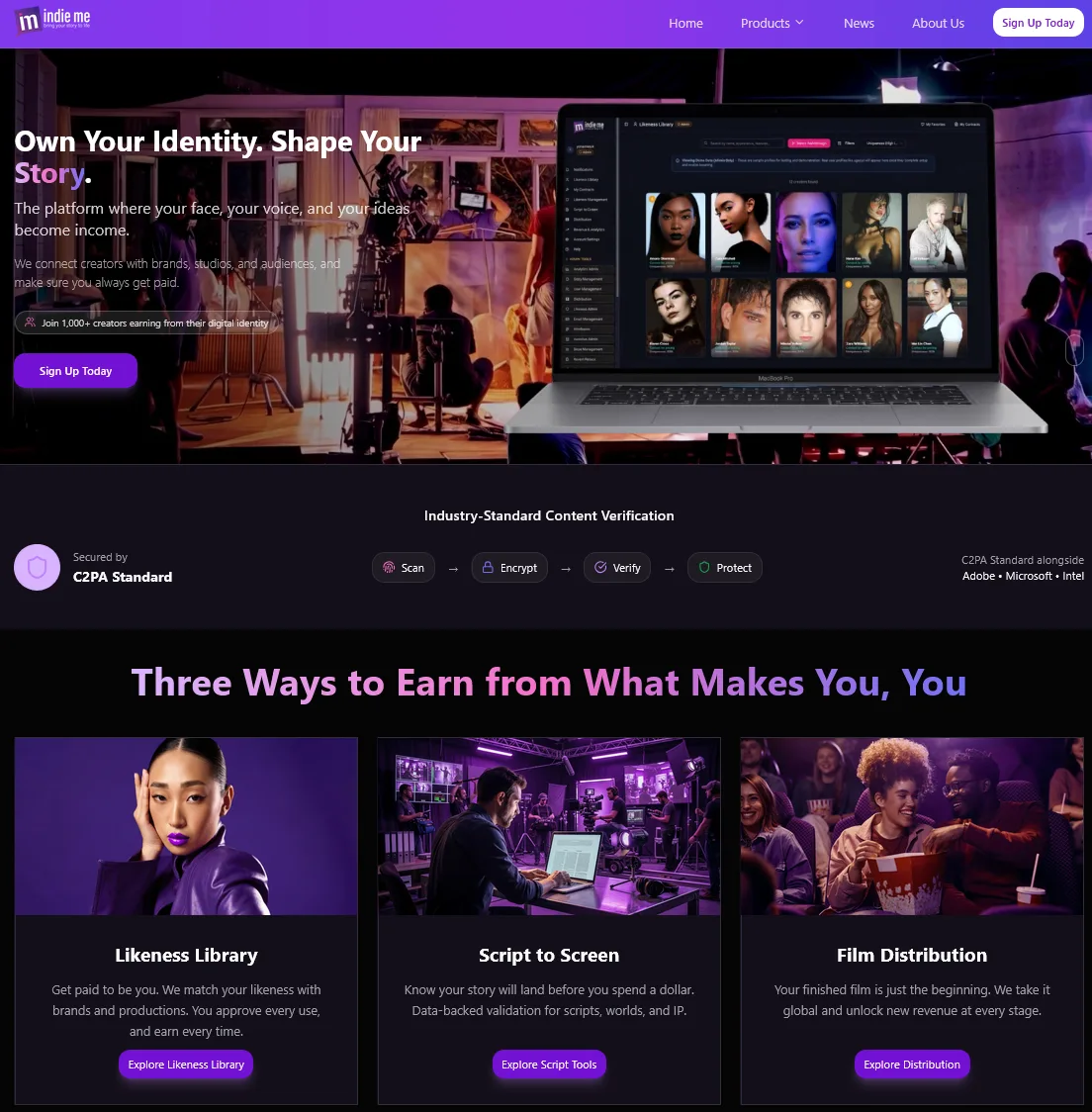 IndieMe.ai website home page showing of the company mission.