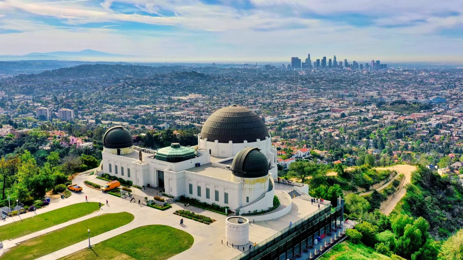 Griffith Park Observatory overlooking the Los Angeles skyline.