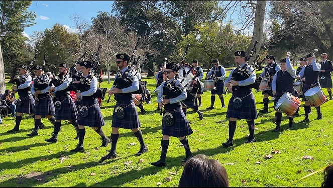 City of Angels Pipe Band in kilts performing