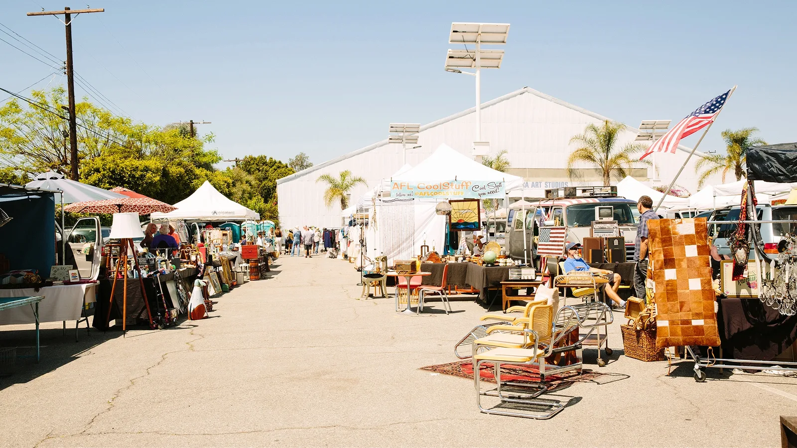 A large outdoor flea market held twice monthly at Santa Monica Airport Interim Open Space (3233 Donald Douglas Loop S, Santa Monica, CA 90405), featuring hundreds of vendors selling antiques and vintage furniture.