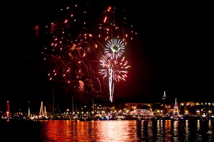 Fireworks burst over the water at Marina del Rey's New Year's Eve celebration.