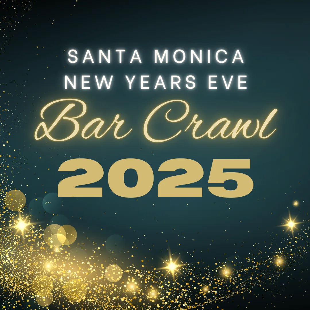 A Santa Monica New Year's Eve pub crawl promo showing the pier and beachfront bar scene.